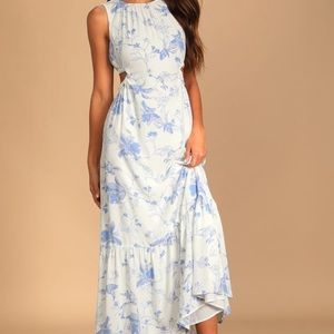NEW Charming Delight Cream and Blue Floral Print Cutout Maxi Dress